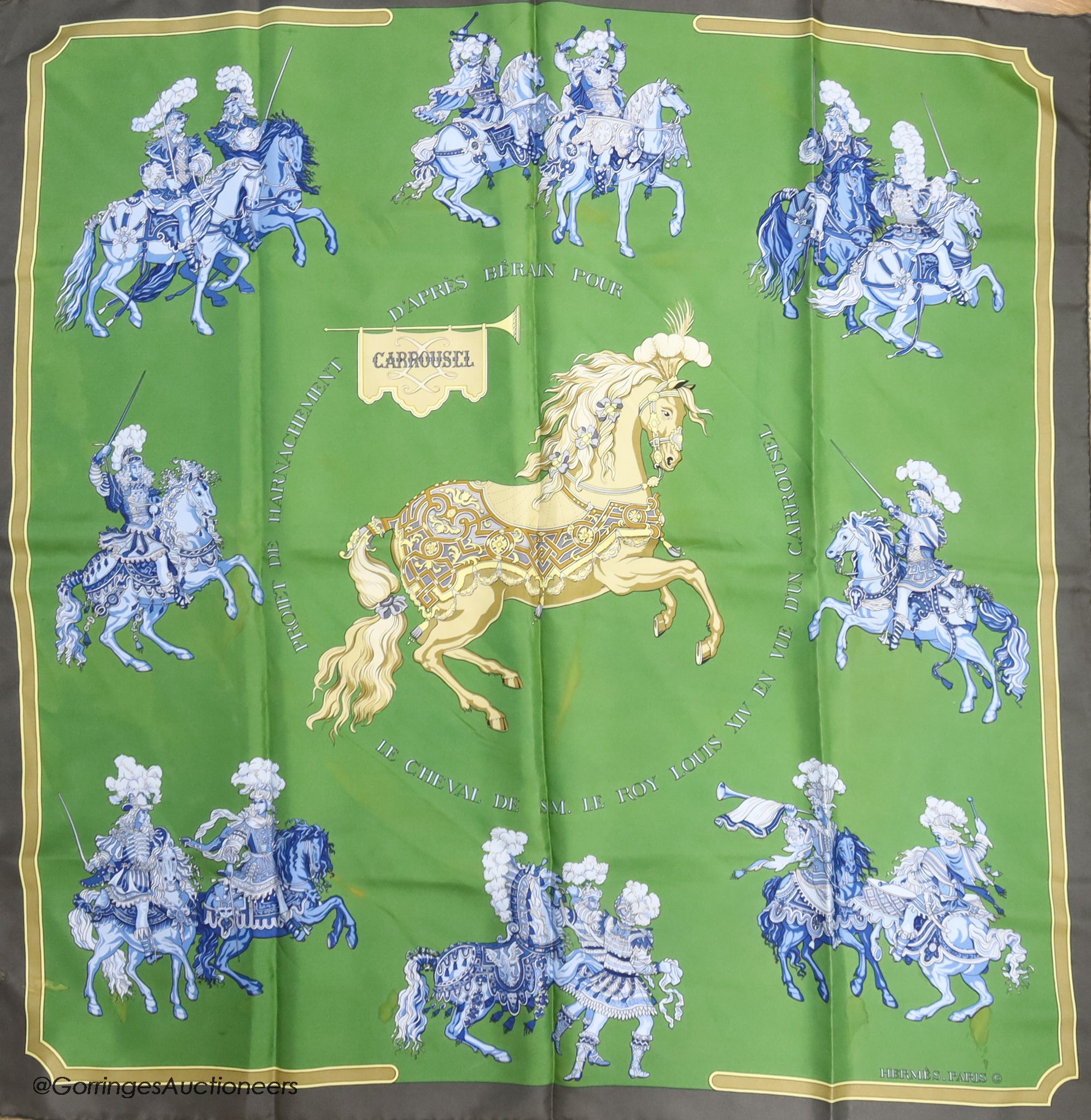 Three vintage Hermes silk scarves, 'Scarabee et Pectoraux' (gold, green, white), 'Carrousel' (green ground), and 'Sangles' (multi)